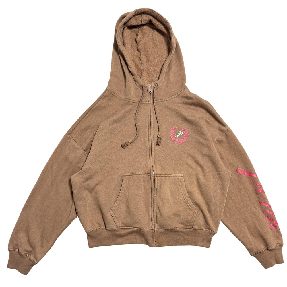 PINK Victoria's Secret Hoodie Womens Medium Brown Full Zip Graphic Sleeve Fleece
